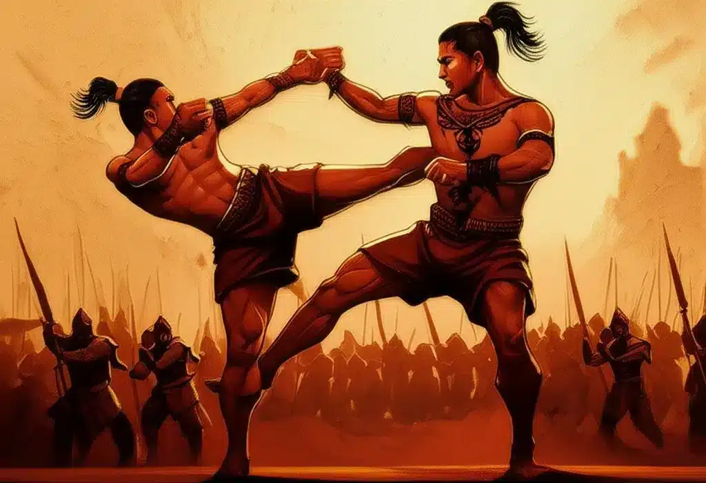 Two muscular Muay Thai fighters are engaged in a striking exchange on an orange battlefield with silhouetted figures. The fighter on the left, with dark hair tied back, executes a sweeping low kick towards the other fighter's leg or torso. The fighter on the right responds by holding the other fighter's arm, maintaining balance and preparing for a counter. Both wear dark red shorts and traditional hand wraps.