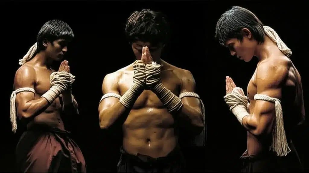 Three muscular Muay Thai fighters stand bare-chested against a dark background, all in the traditional Wai (prayer) pose. They wear white hand wraps, Pra Jiad (armbands), and Mongkol (headbands), conveying reverence and focus. Dramatic lighting illuminates their physiques.